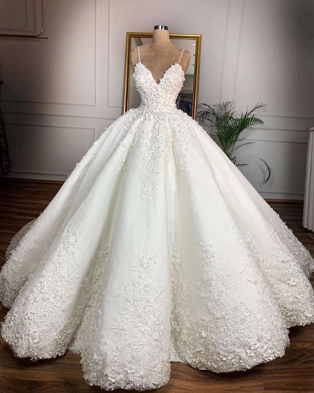 Women's Deep V-Neck Lace Sleeveless Wedding Dress – Floor-Length Bridal Gown with Straps | White | US 2–16 & 14W–26W