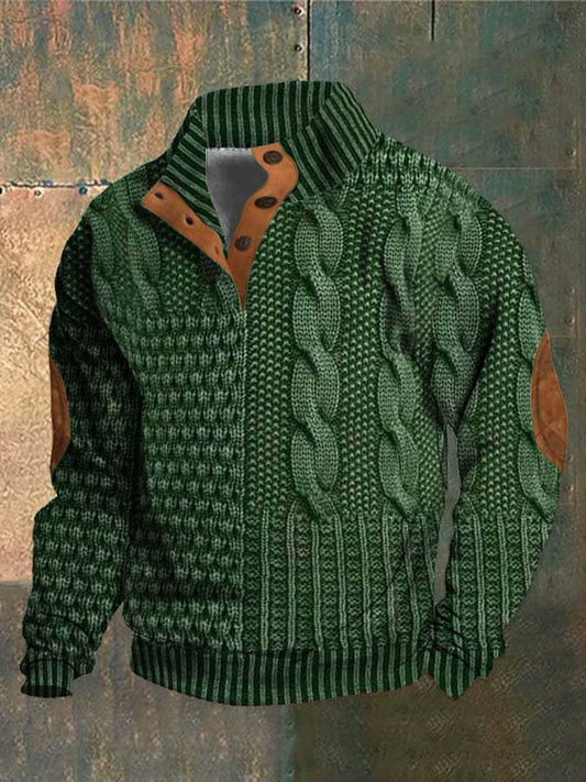 Green knitted sweater with brown leather accents on a textured background