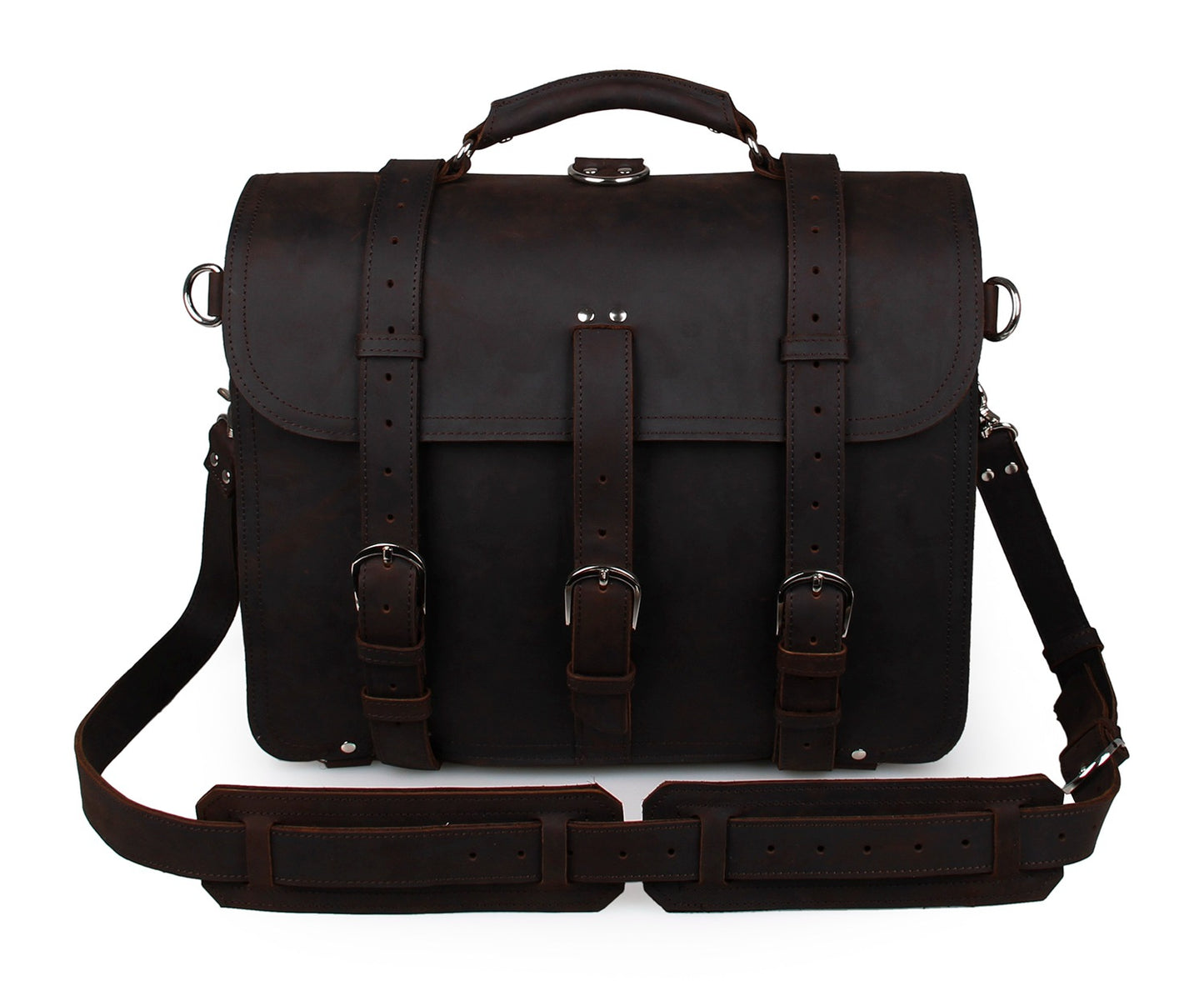 Black leather briefcase with straps on a white background