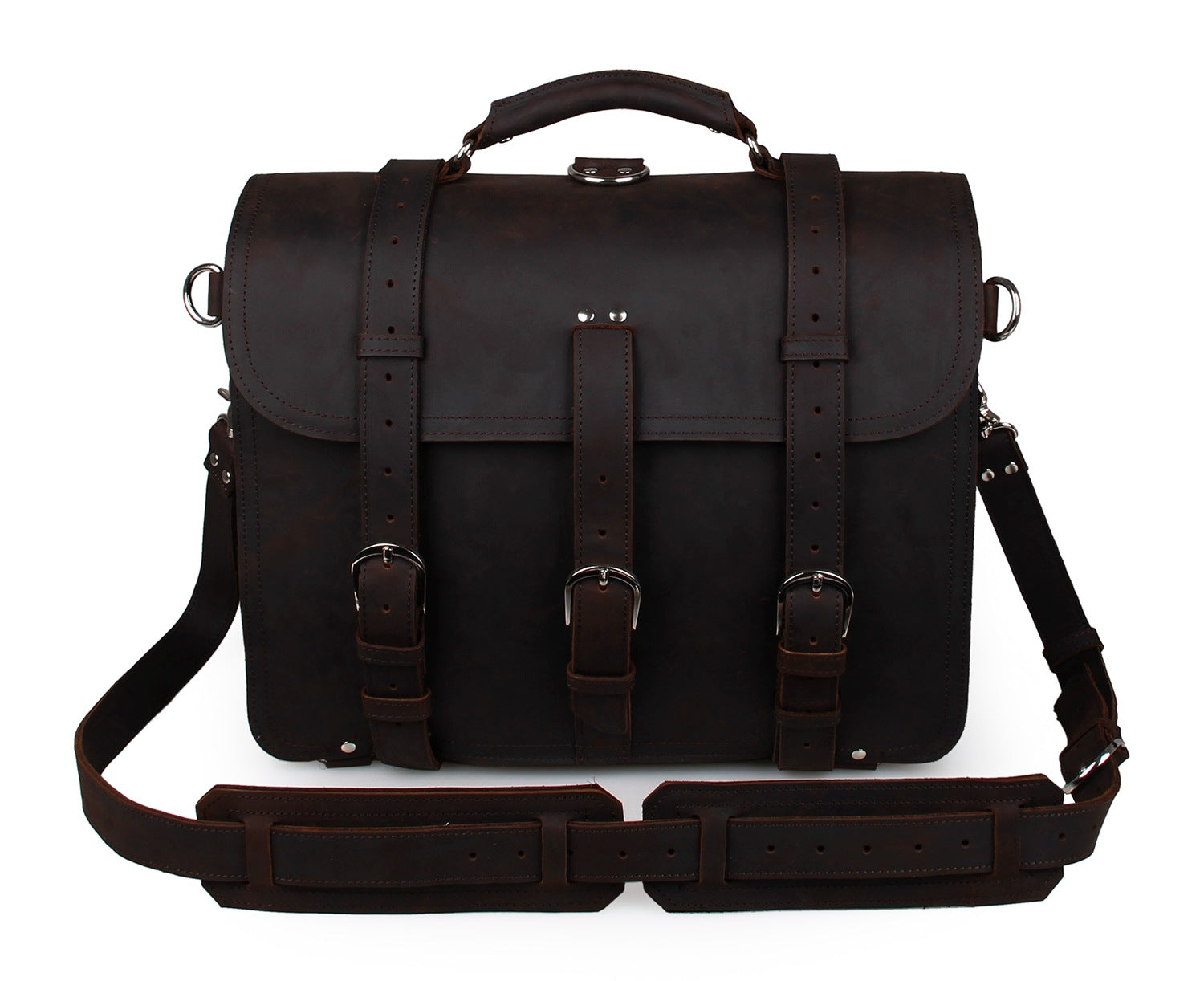Black leather briefcase with straps on a white background