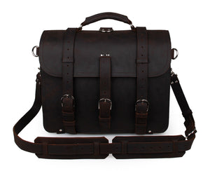 Black leather briefcase with straps on a white background