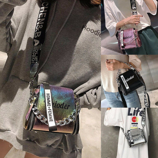 Collage of a colorful handbag with a visible brand name, worn by different people.