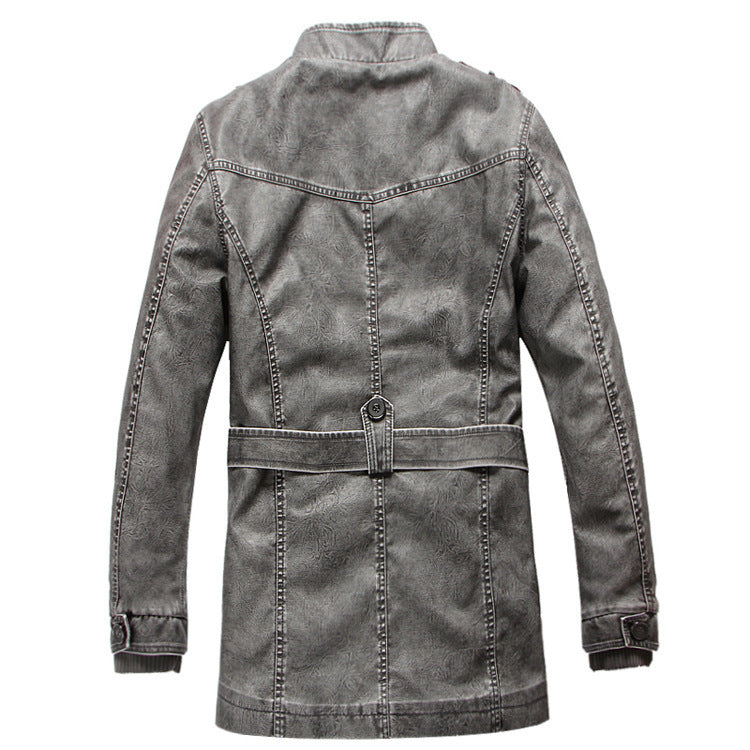 Gray denim jacket with a belt on a white background