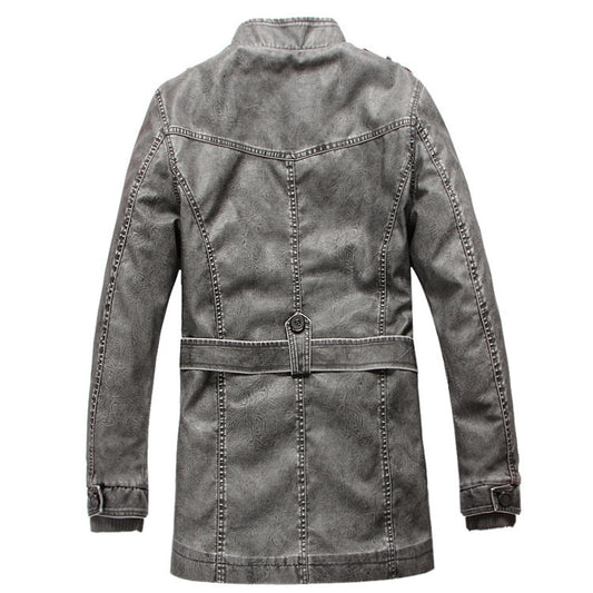 Gray denim jacket with a belt on a white background