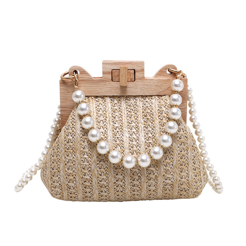 Fashion Simple Straw Pearl Chain Handbag - Street Trend Crossbody Bag
