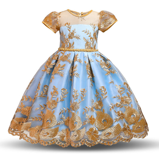 Light blue dress with gold floral embroidery on a white background