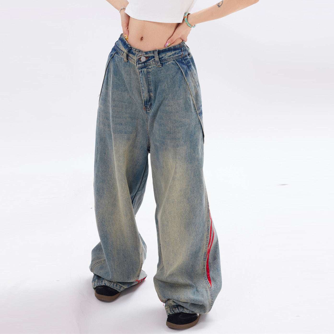 Women's Striped Straight-Leg Denim Trousers | Blue | M–XL