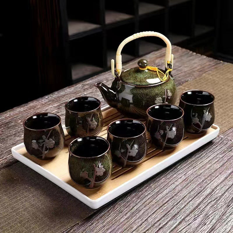 Simple Hand-painted Gold Large Teapot Ceramic - Kung Fu Tea Set Porcelain with Bamboo Tray