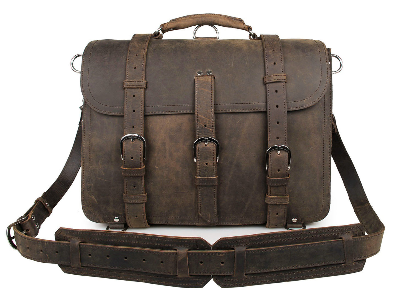 Brown leather briefcase with multiple straps on a white background