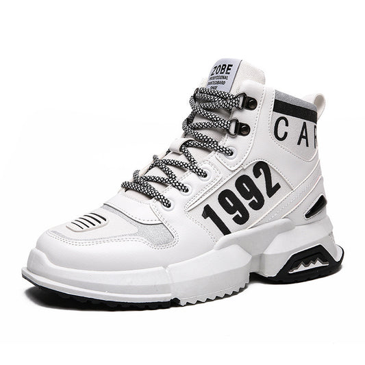 White sneaker with black text on a white background