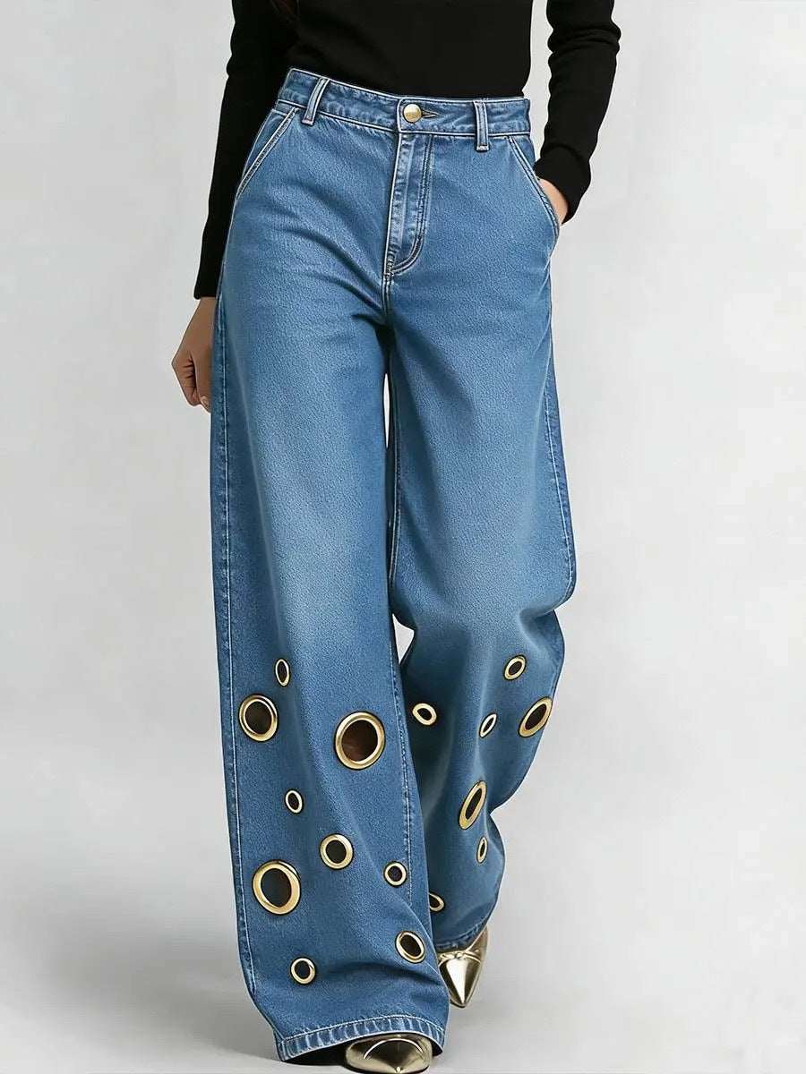 Women's Loose-Fit Straight-Leg Jeans | Cutout & Metal Eyelet Detail | 4 Colours | S–2XL
