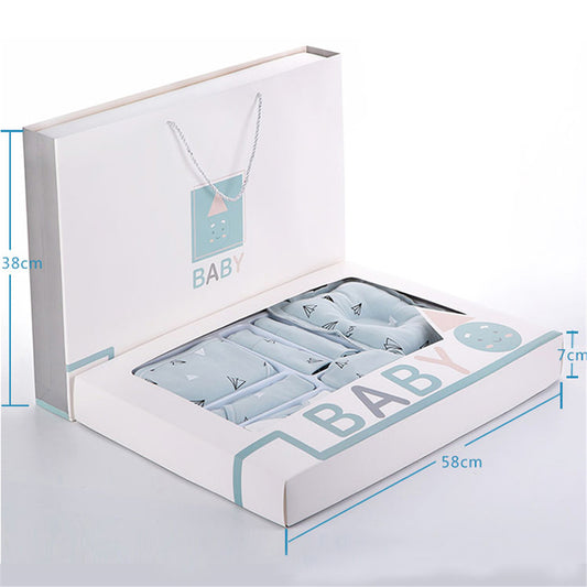 Open box containing baby items with dimensions displayed