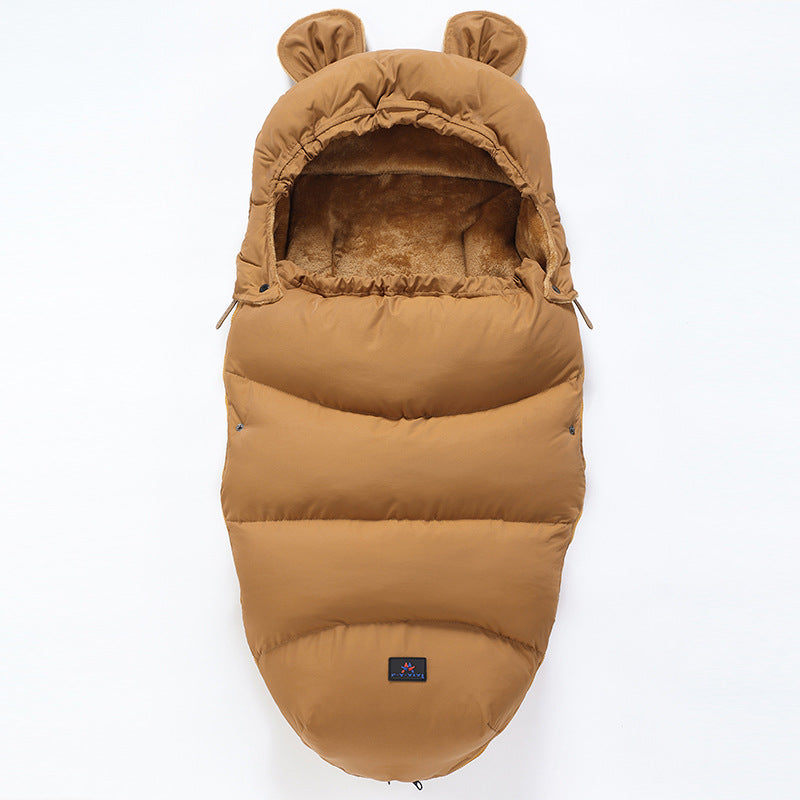 Brown baby bunting with bear ears on a white background