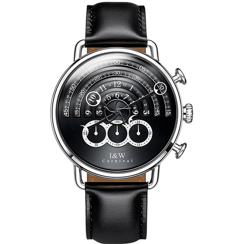 Luxury watch with black leather strap and intricate face design on a white background