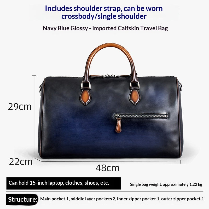 A navy blue glossy leather travel bag with brown leather handles and trim, shown with dimension labels (48cm width, 29cm height, 22cm depth) and text describing its features and capacity on a white background.