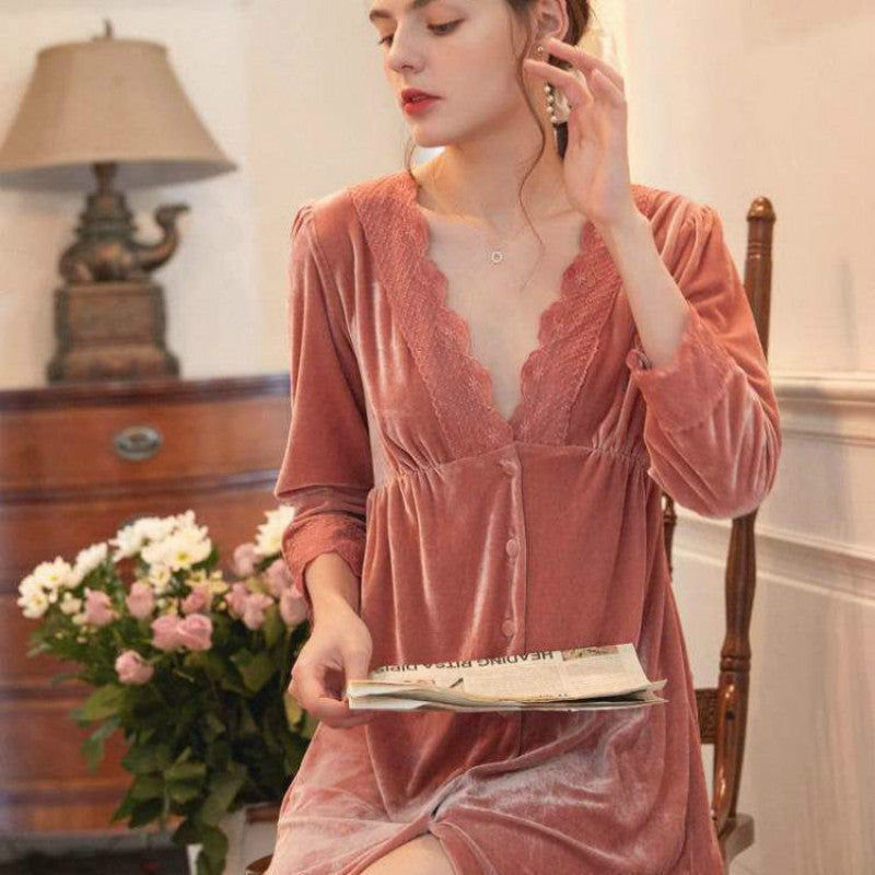 French  Nightdress Women Autumn And Winter Coral Fleece Plus Fleece Long Skirt