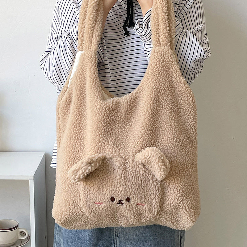 3D Cartoon Bear Plush Shoulder Bag - Women's Winter College Handbag