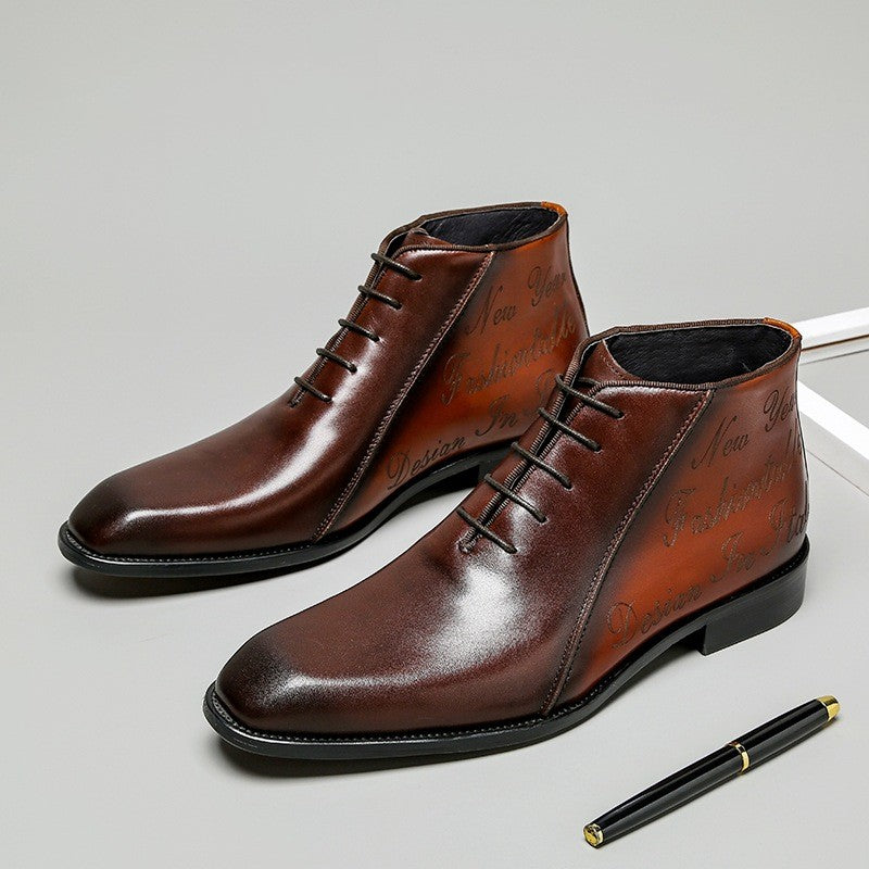 Pair of brown leather dress shoes on a light gray background with a pen.