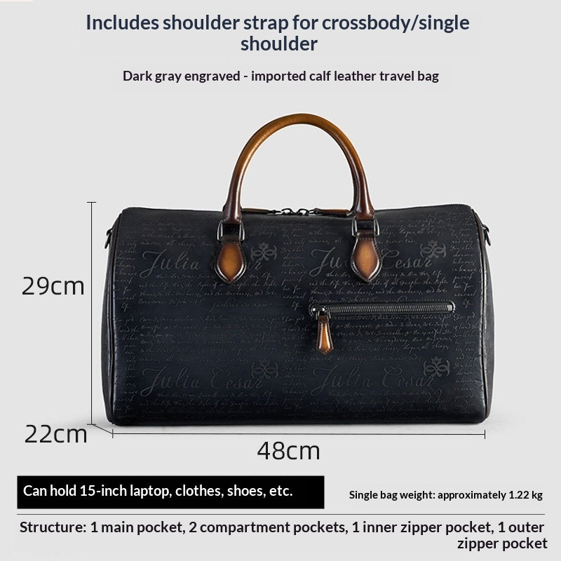 A dark gray engraved leather travel bag with brown handles, shown with dimension labels (29cm, 22cm, 48cm) and text describing its capacity and features on a light gray background.
