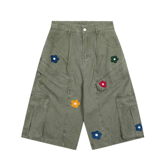 Women's Embroidered Cartoon Print Straight-Leg Capri Shorts | Dark Blue & Green | S–XL