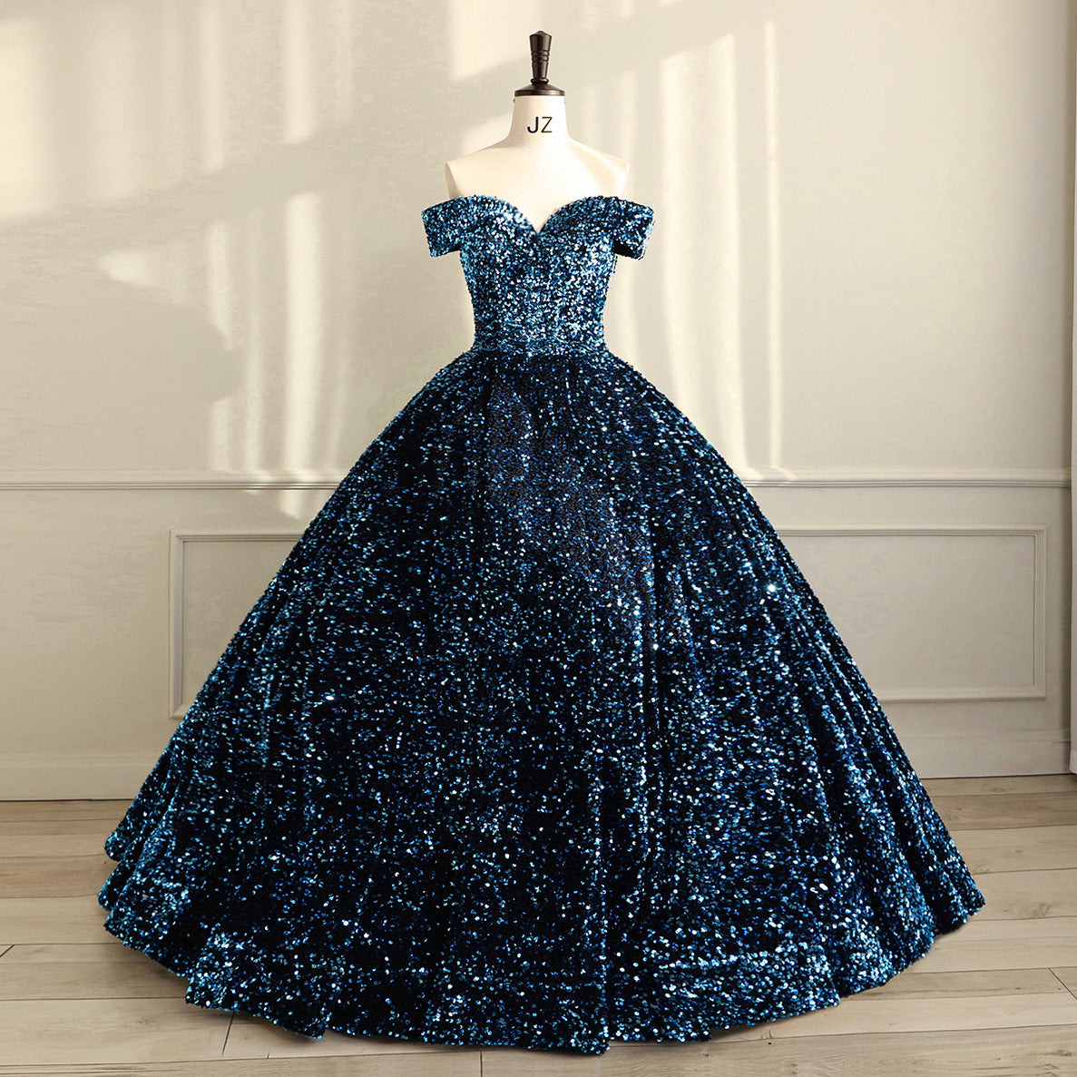 Paillette Sequined Lace Sleeveless Belt-Detail Ball Gown Wedding Dress