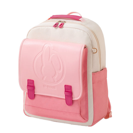 Pink and beige backpack with a logo on a white background