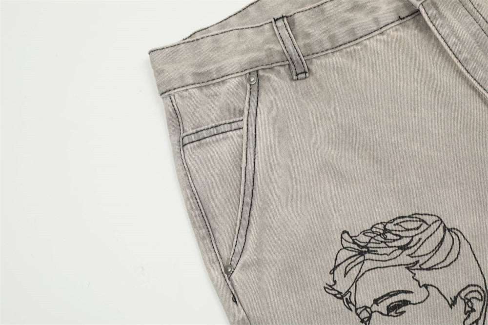 Men's Graffiti Print Loose Straight-Leg Denim Trousers | Light Gray | S–2XL
