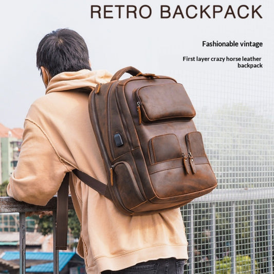 Person wearing a brown retro leather backpack with text describing the product.