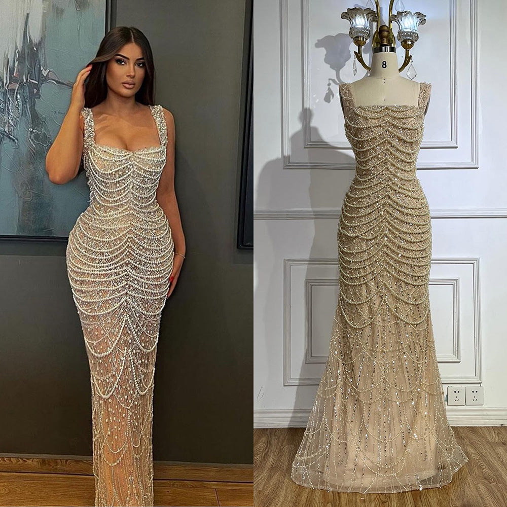 Side-by-side comparison of a woman wearing a beaded evening gown and the gown on a mannequin.