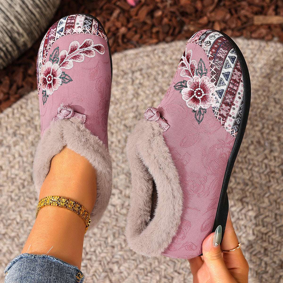Flat Bottom Embroidery Cotton Shoes For Women