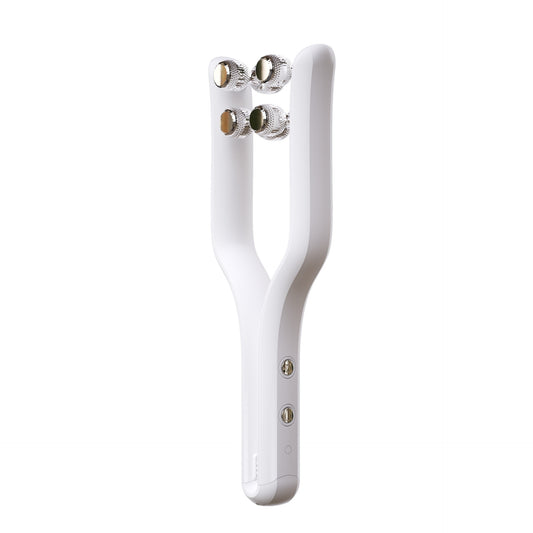 White handheld device with metallic components on a white background