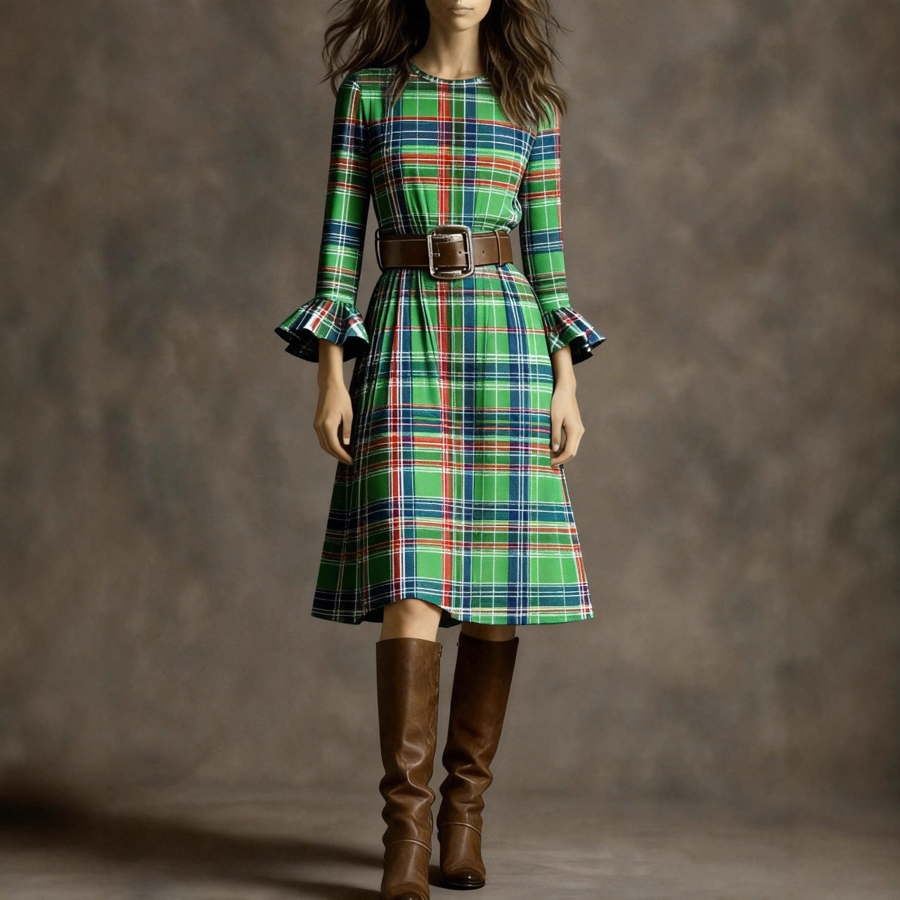 Mannequin wearing a green plaid dress with brown belt and boots against a gray background by millivan