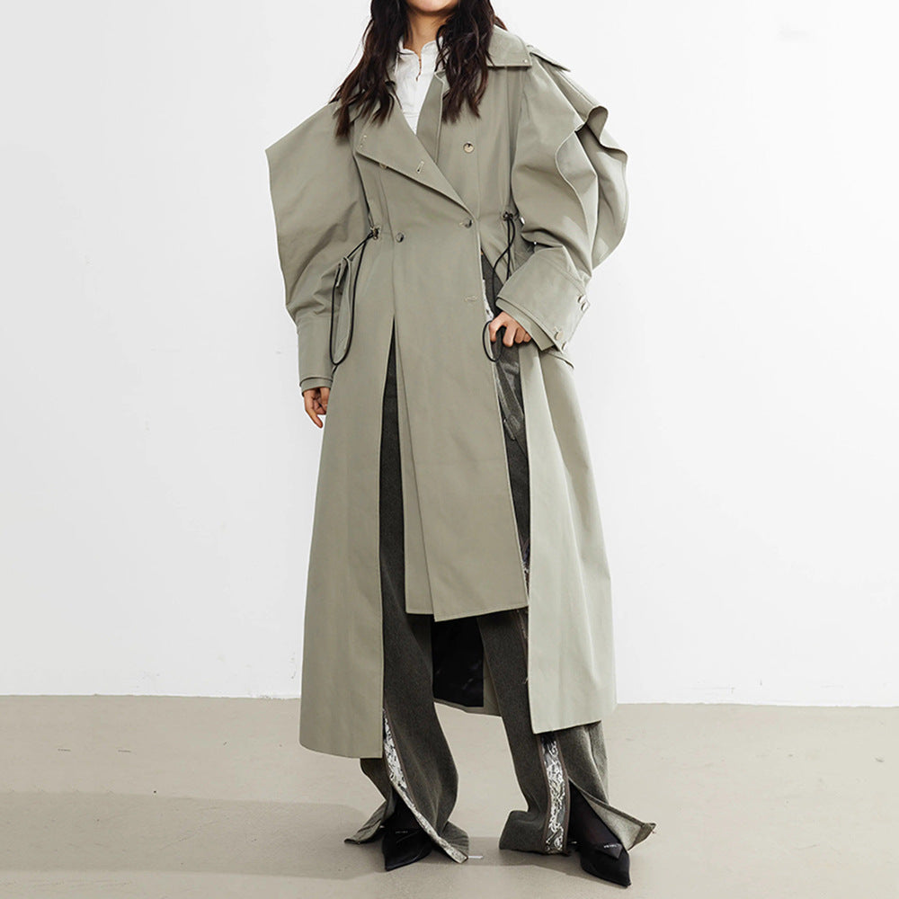 Women's Elasticated-Waist Raglan-Sleeve Trench Coat | Lace-Up & Pleated | Gray | S–L