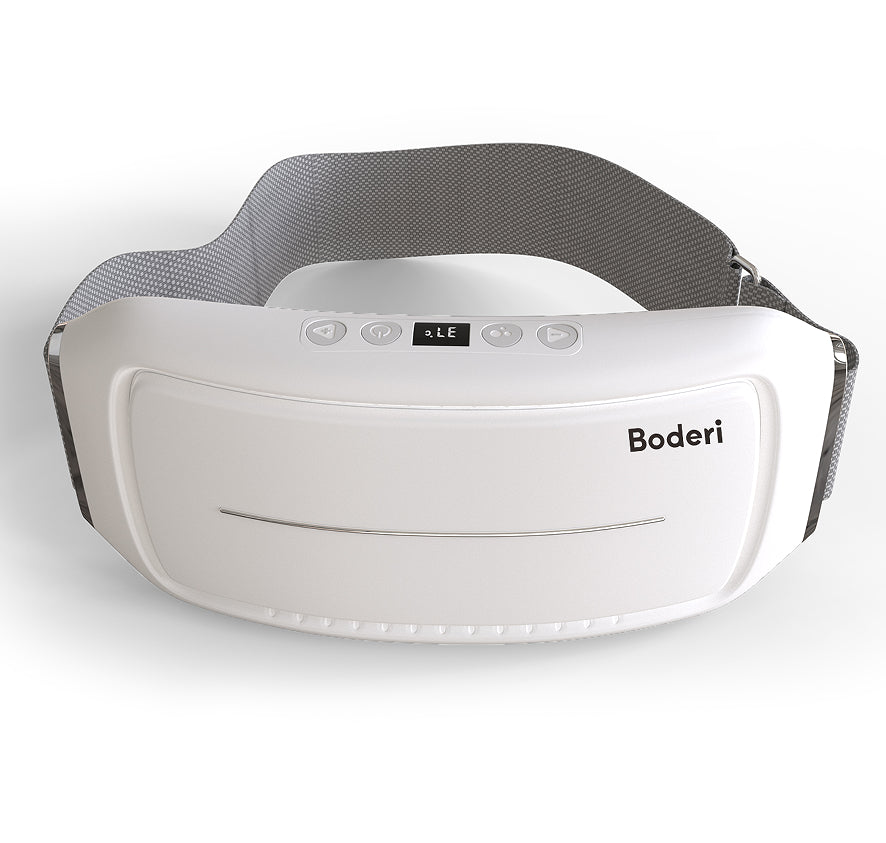 White neck massager with gray strap on a white background, featuring the brand 'Boderi'.