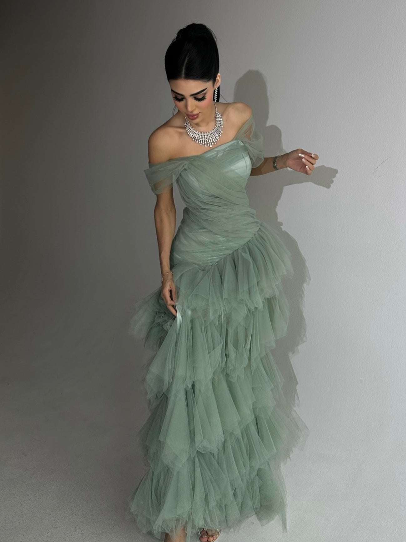 Women's Strapless Mermaid Maxi Dress With Layered Tulle Skirt | Sage Green | XS–XL