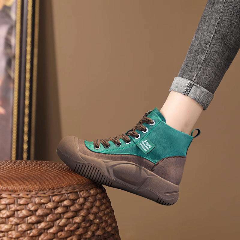 Women's Height-Increasing Leather Boots - Thick Sole High-Top Casual Boots