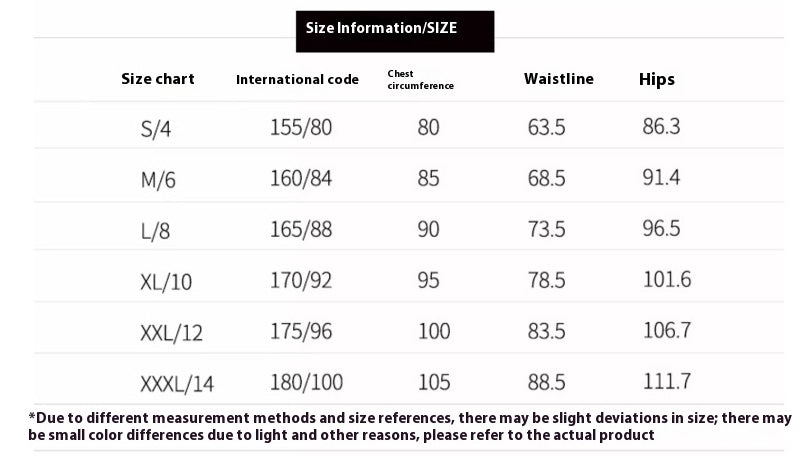 Size chart for clothing with measurements in centimeters and inches.