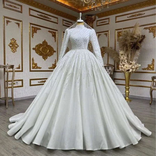 Long Sleeve High Waist Trailing Wedding Dress | White | US 2–16 & 16W–26W
