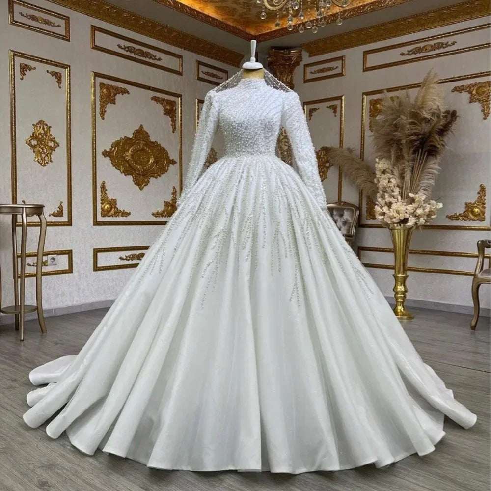 Long Sleeve High Waist Trailing Wedding Dress | White | US 2–16 & 16W–26W