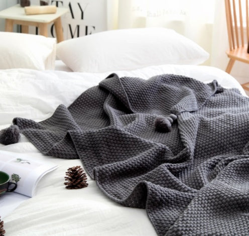 Nordic Fringed Knit Ball Blanket Wool Blanket Office Air Conditioning Lunch Break Shawl Sofa Leisure Blanket - Acrylic 900g