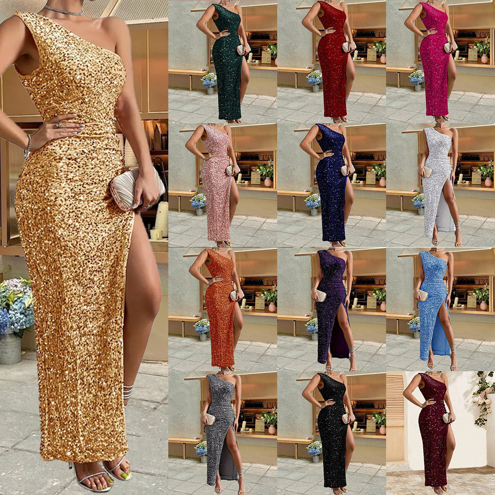 Woman in a gold sequin dress with a series of similar dresses in different colors displayed.