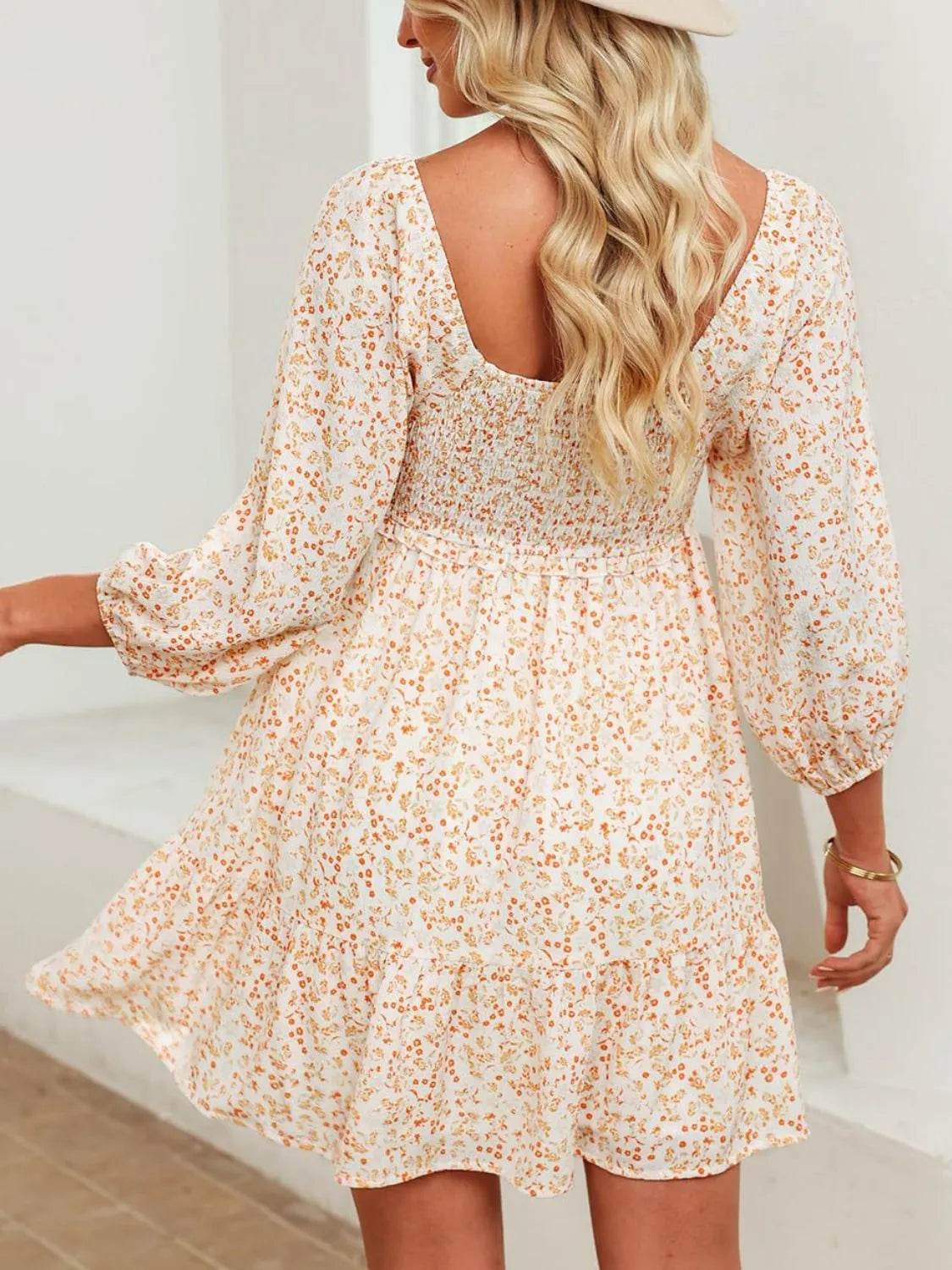 Smocked Floral Square Neck Dress - Millivan supplies 