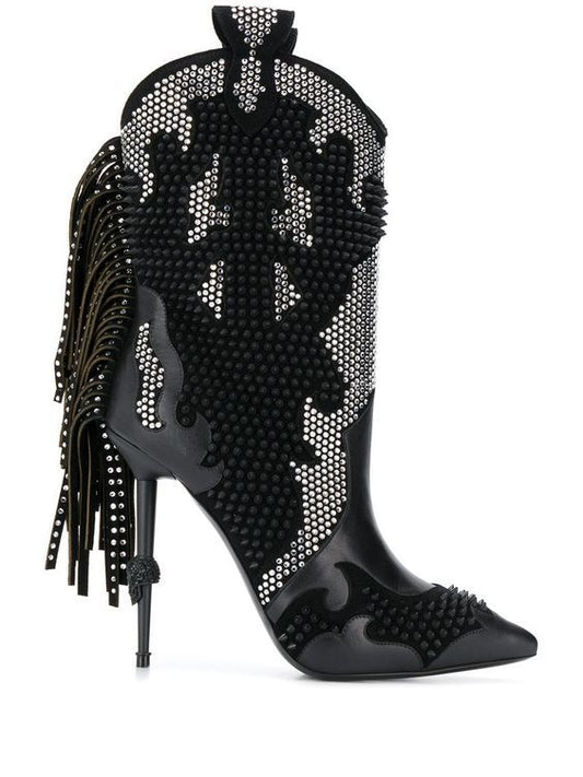 Black studded high-heeled boots with fringe on a white background