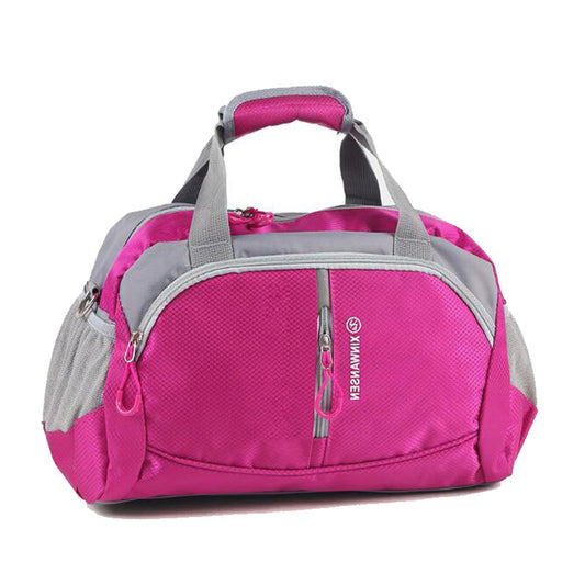 Pink and gray duffel bag with a visible brand logo on a white background