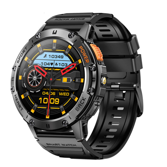 Black smartwatch with a detailed display on a white background