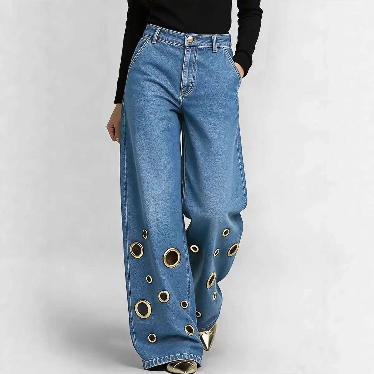 Women's Loose-Fit Straight-Leg Jeans | Cutout & Metal Eyelet Detail | 4 Colours | S–2XL