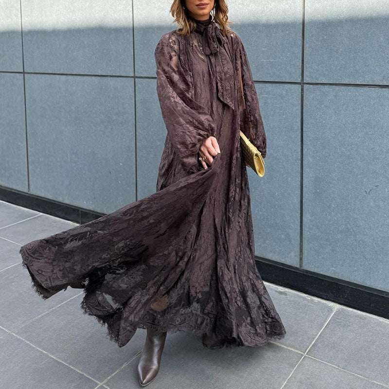 Women's Embroidered Lotus-Ruffle Long-Sleeve Maxi Dress | Apricot & Dark Brown | S–XL