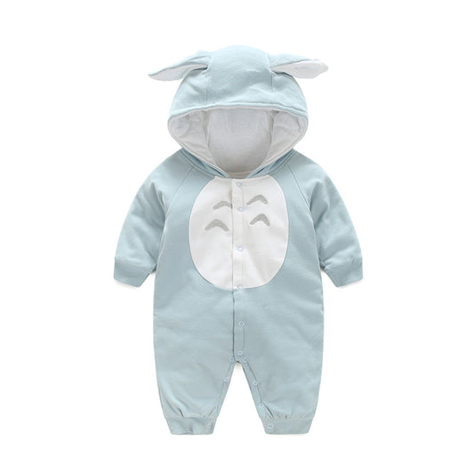 Light blue baby onesie with animal ears and face on a white background