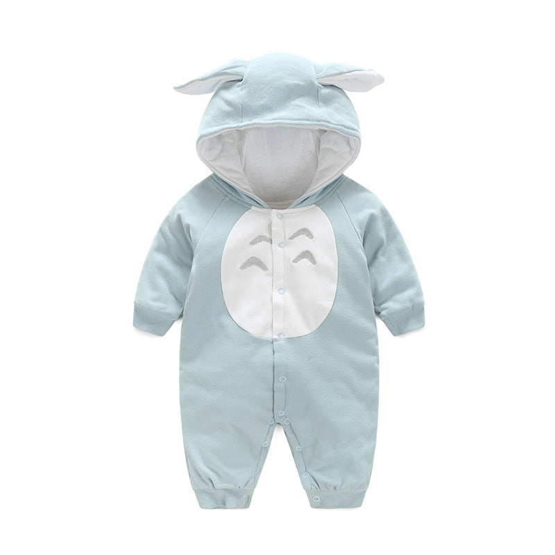 Light blue baby onesie with animal ears and face on a white background