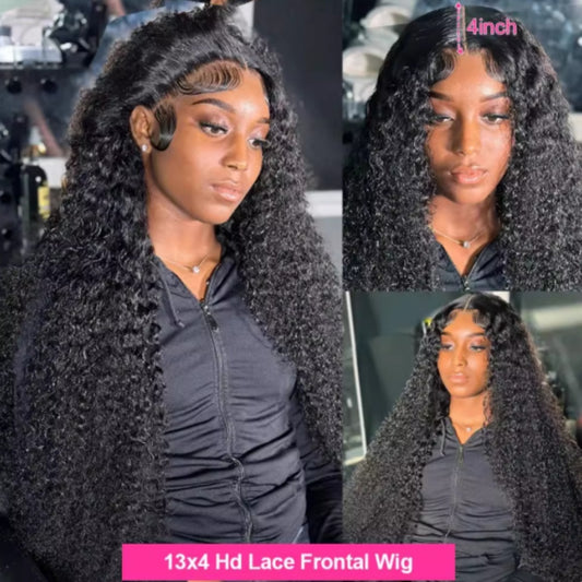 Woman wearing a 13x4 HD lace frontal wig with close-up details.